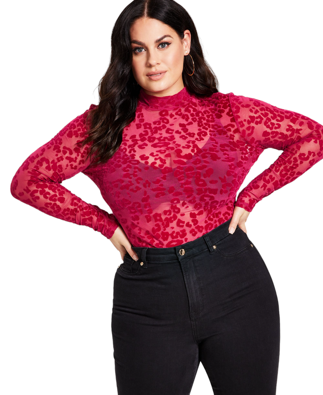Женский топ Nina Parker Womens Plus из прозрачного бархатного леопардового флока с имитацией шеи