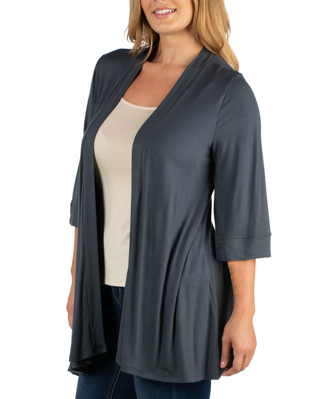 24seven Comfort Apparel Women's Open Front Elbow Sleeve Plus Size Cardigan - Picture 3 of 7