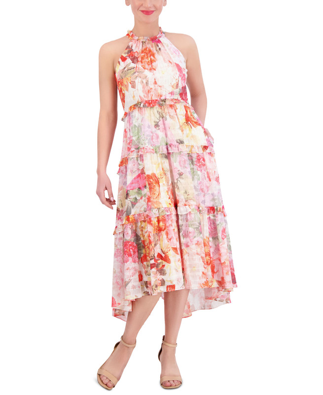 Vince Camuto Women's Printed Chiffon Ruffle-Tier High-Low Dress | eBay