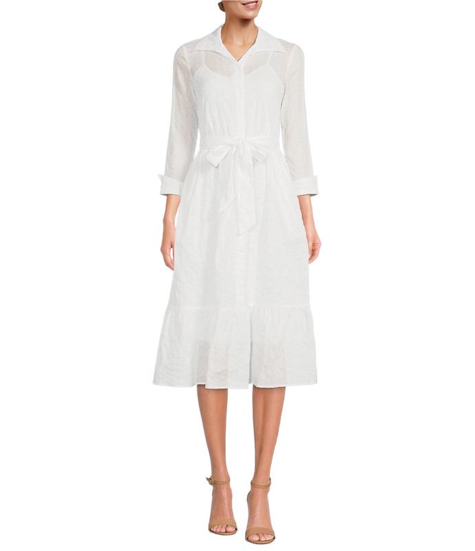 Taylor Women&rsquo;s Solid Swiss-Dot Belted Cotton Shirt Dress