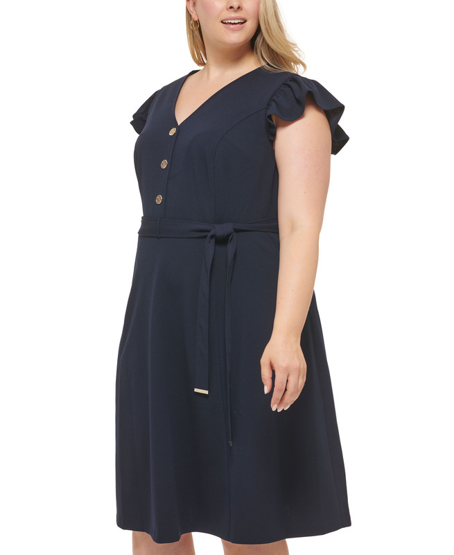 Tommy Hilfiger Women's Plus Size Tie-Waist Flutter-Sleeve Scuba-Crepe Dress - Picture 8 of 8