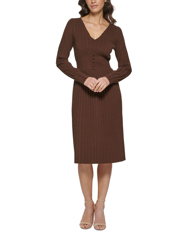 Kensie Womens Soft Pleated Sweaterdress, Brown