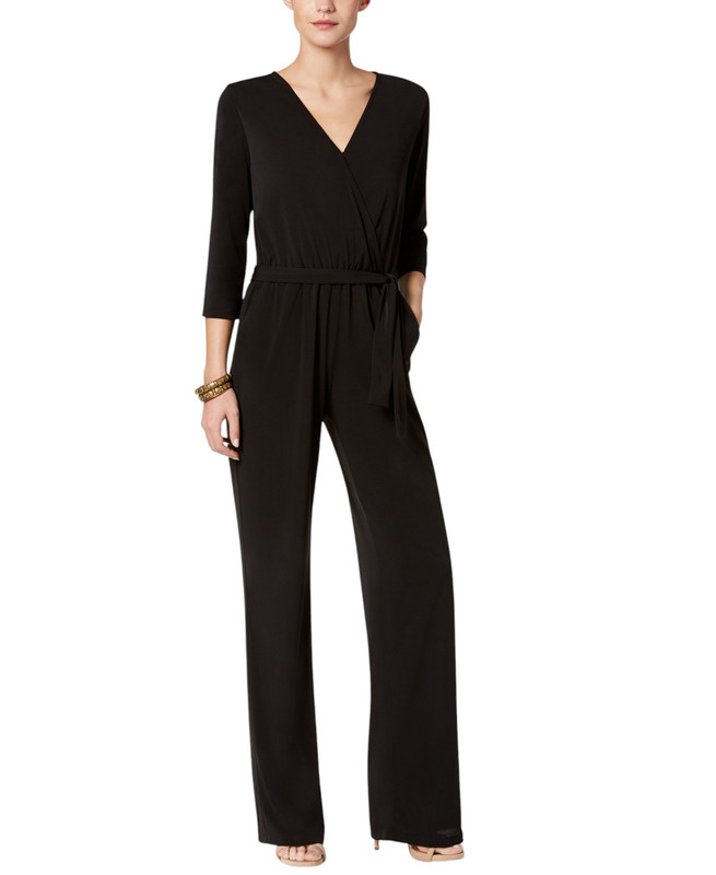 NY Collection Women's Petite 3/4 Sleeve Belted Wide Leg Jumpsuit - Picture 9 of 12