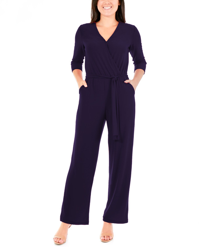 NY Collection Women's Petite 3/4 Sleeve Belted Wide Leg Jumpsuit - Picture 5 of 12