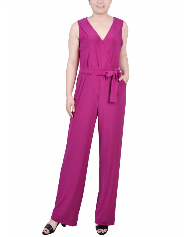 NY Collection Women's Petite Surplice Belted Wide-Leg Jumpsuit - Picture 3 of 10