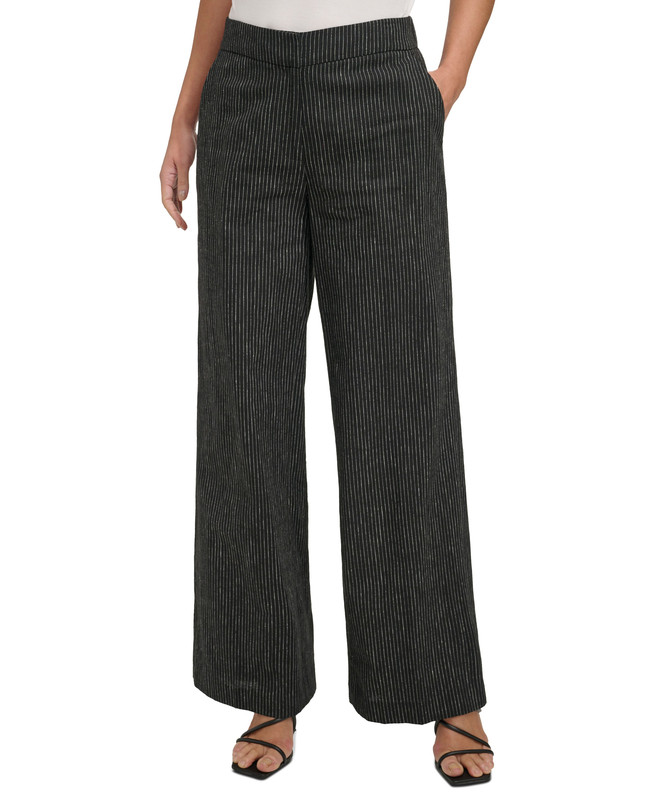 DKNY Women's Pinstriped Full-Length Wide-Leg Pants - Picture 7 of 10
