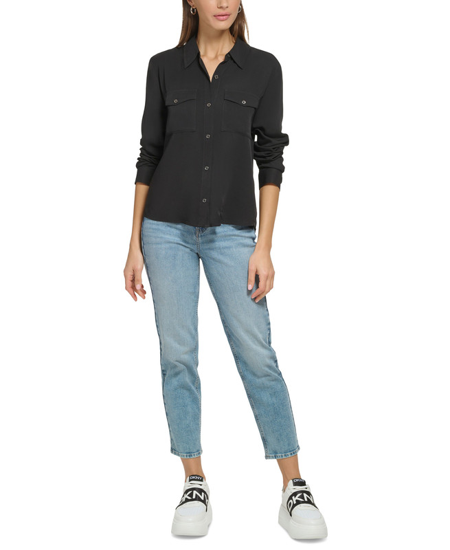 Pantalones de mezclilla para mujer DKNY estampado de estrellas botones delanteros alto-bajo - Imagen 10 de 10