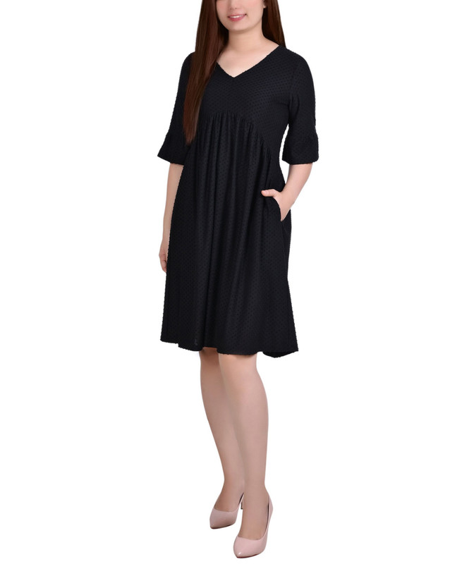 NY Collection Women&rsquo;s Petite Elbow Sleeve Swiss Dot Empire Dress