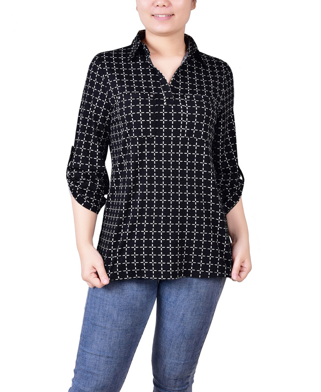 NY Collection Women's Petite 3/4 Ruched Sleeve Studded Y