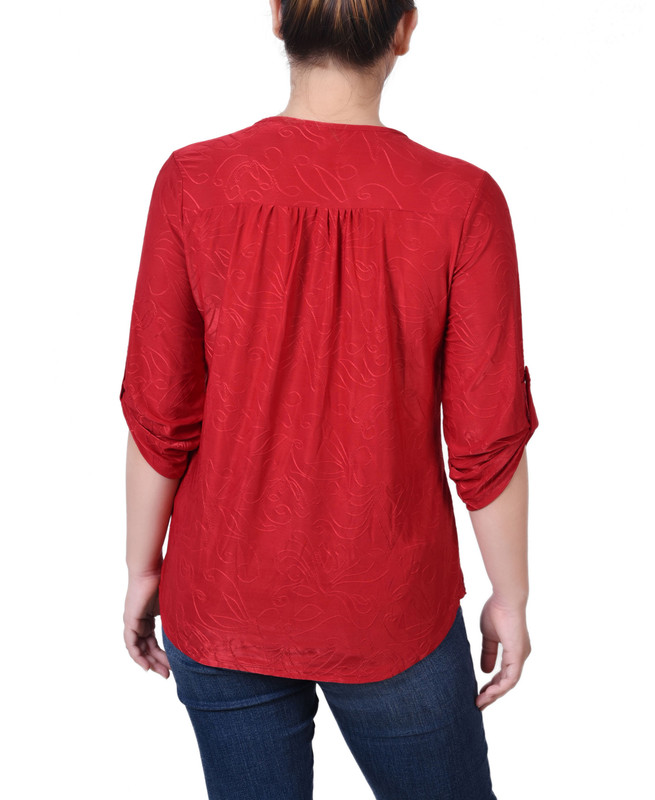 NY Collection Women's Petite 3/4 Roll Tab Zip Front Jacquard