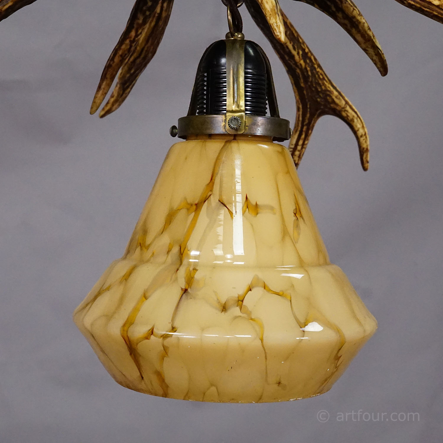 Rustic Black Forest Ceiling Lamp with Deer Antlers 1920s - Picture 5 of 6