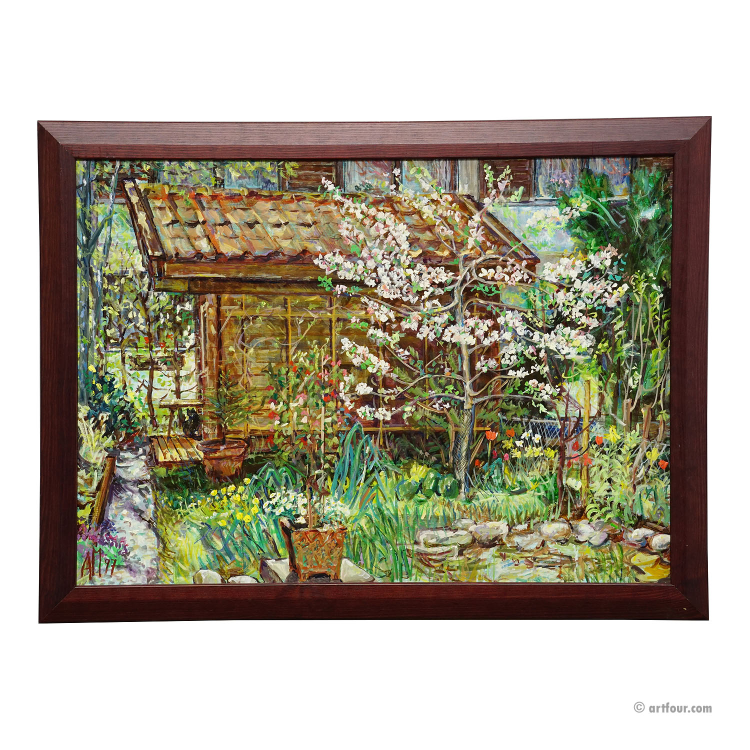 Garden with Blooming Apple Tree – Oil Painting by Alexander Michael, 1997