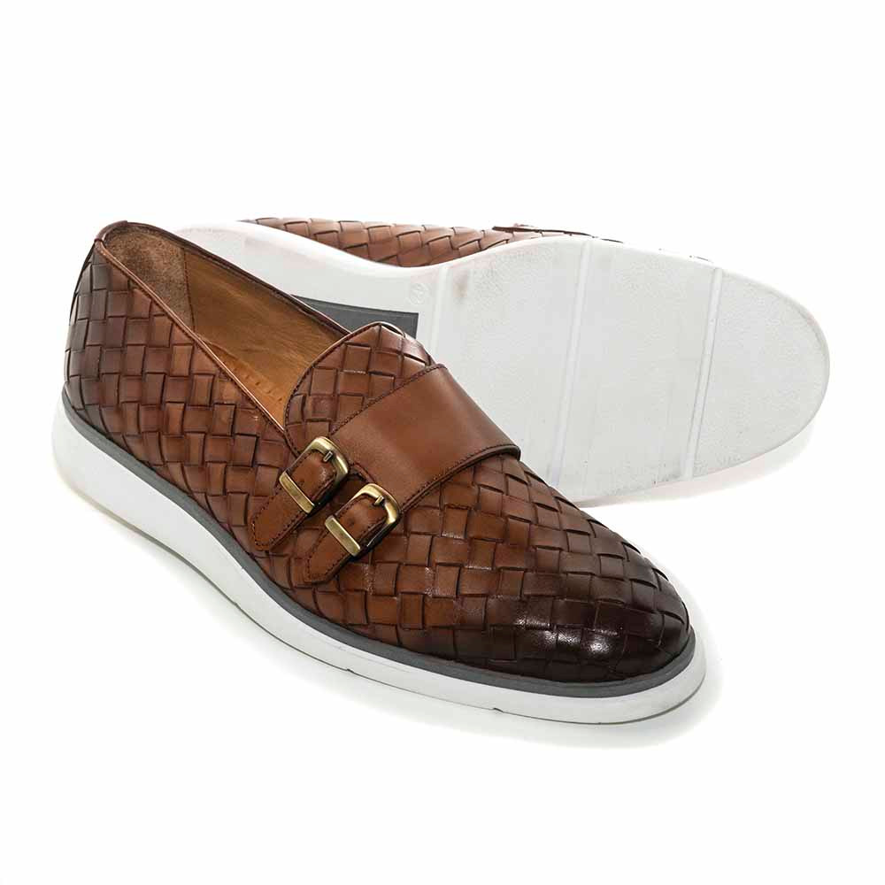 SIGOTTO UOMO Woven Double Buckle Tan Soft Leather Casual Shoes - Picture 43 of 49