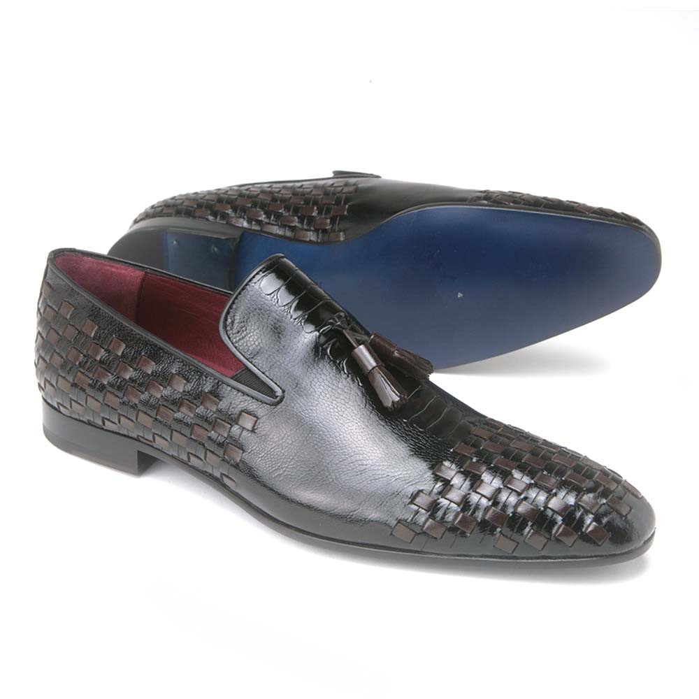 Mario Manzoni Black and Brown Woven Leather Tassel Loafers for Men