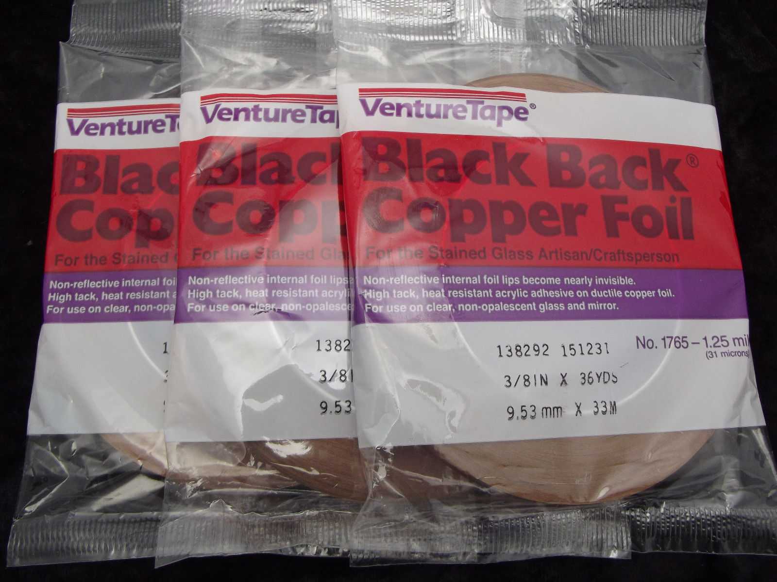 3 VENTURE TAPE 1765 3/8" BLACK BACK Copper FOIL 36 Yards Stained Glass