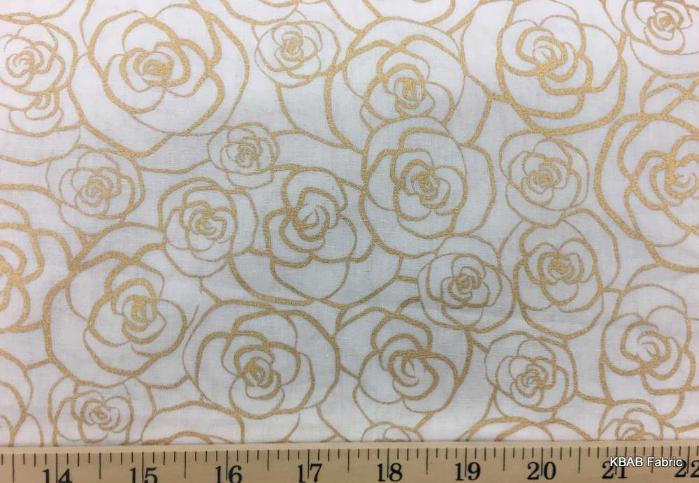 Gold Metallic Rose Outline Antique White Floral Print Cotton Fabric 42 Ebay