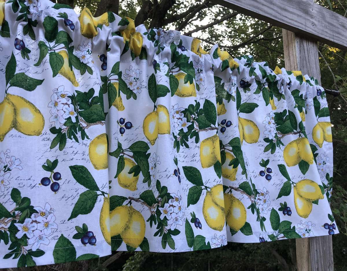 Lemon Blueberry Fabric Yellow Lemons Fabric Citrus Fruit Lemon Fabric Green Leaf Kitchen Cream Cotton Fabric t126