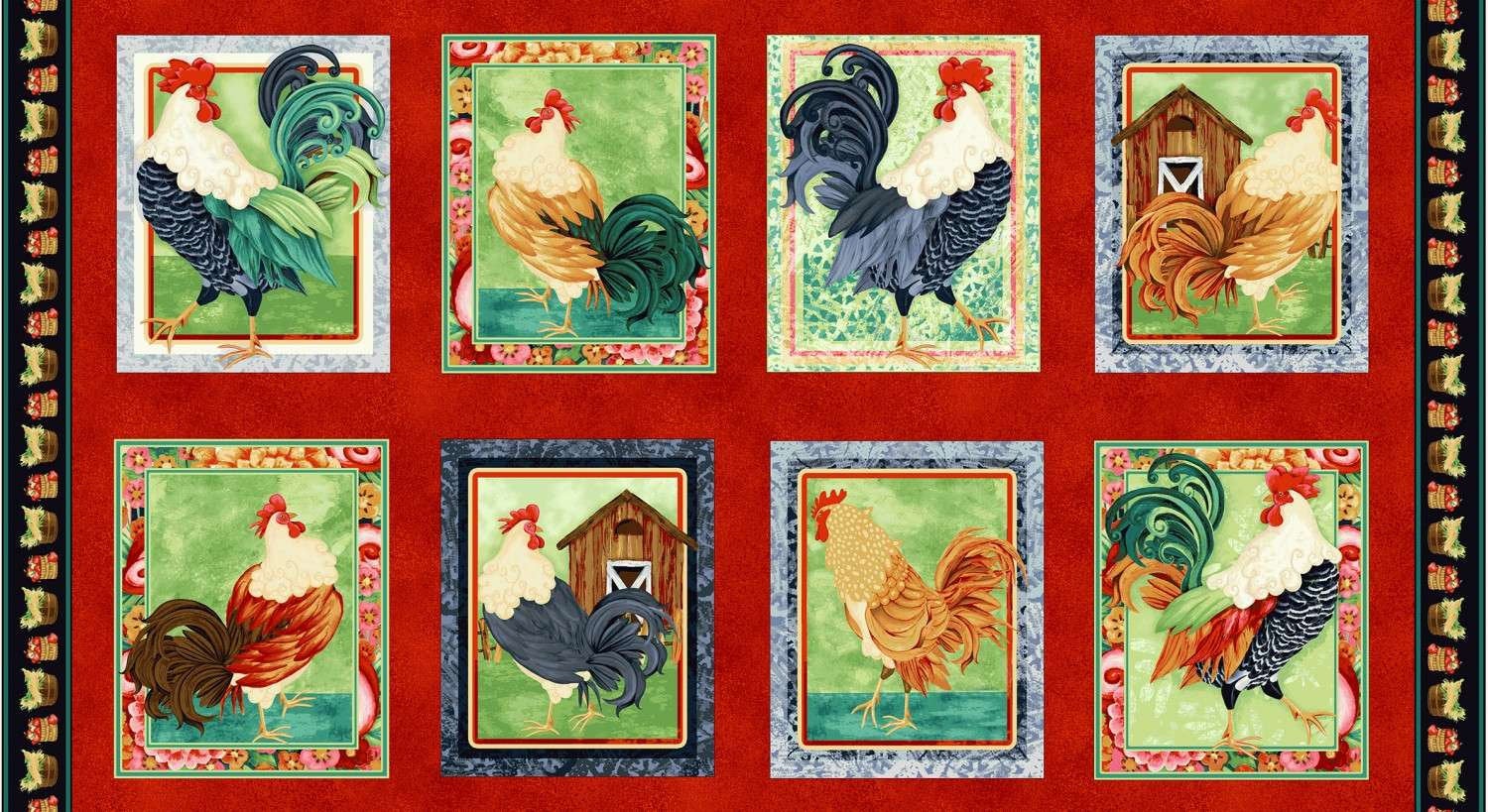 Rooster Fabric Panel Red Farm Raised Chicken Large Blocks 44x24 Fabric