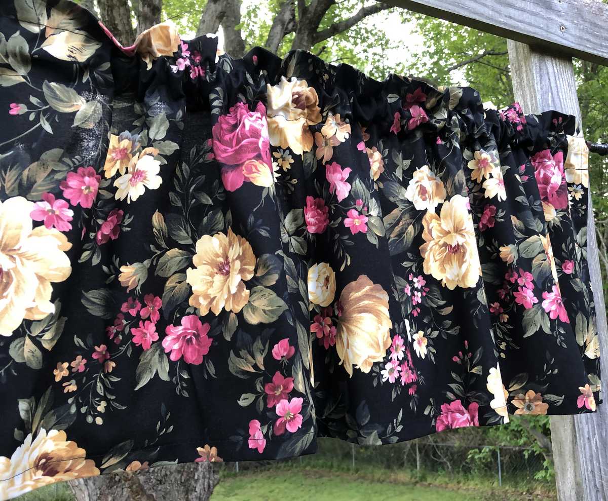 Cottage Rose Floral Valance Pink Cream Peony Flower Black Kitchen Window Curtain - Picture 8 of 9