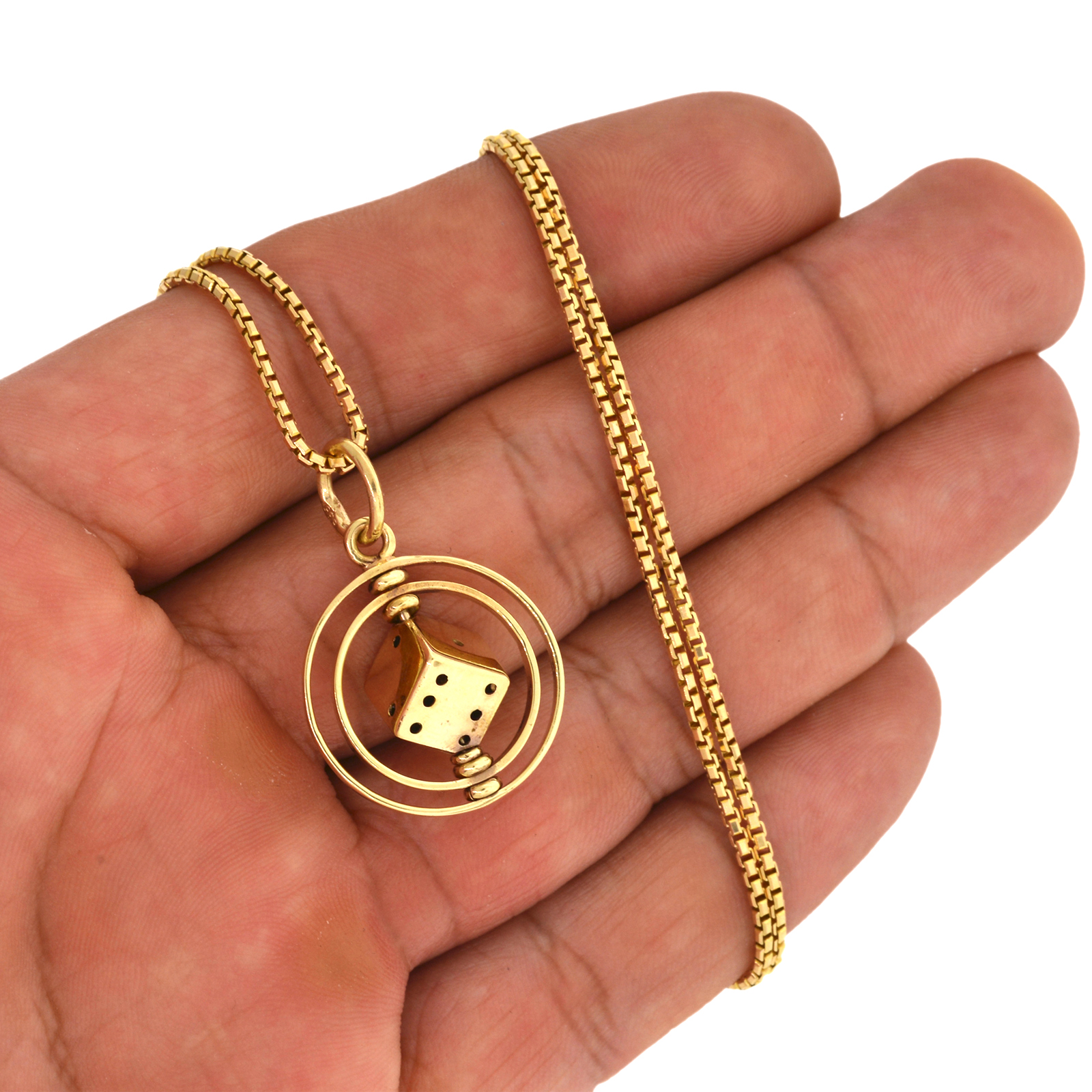 Real 14k Gold Spinning Dice Pendant Necklace Set Lucky