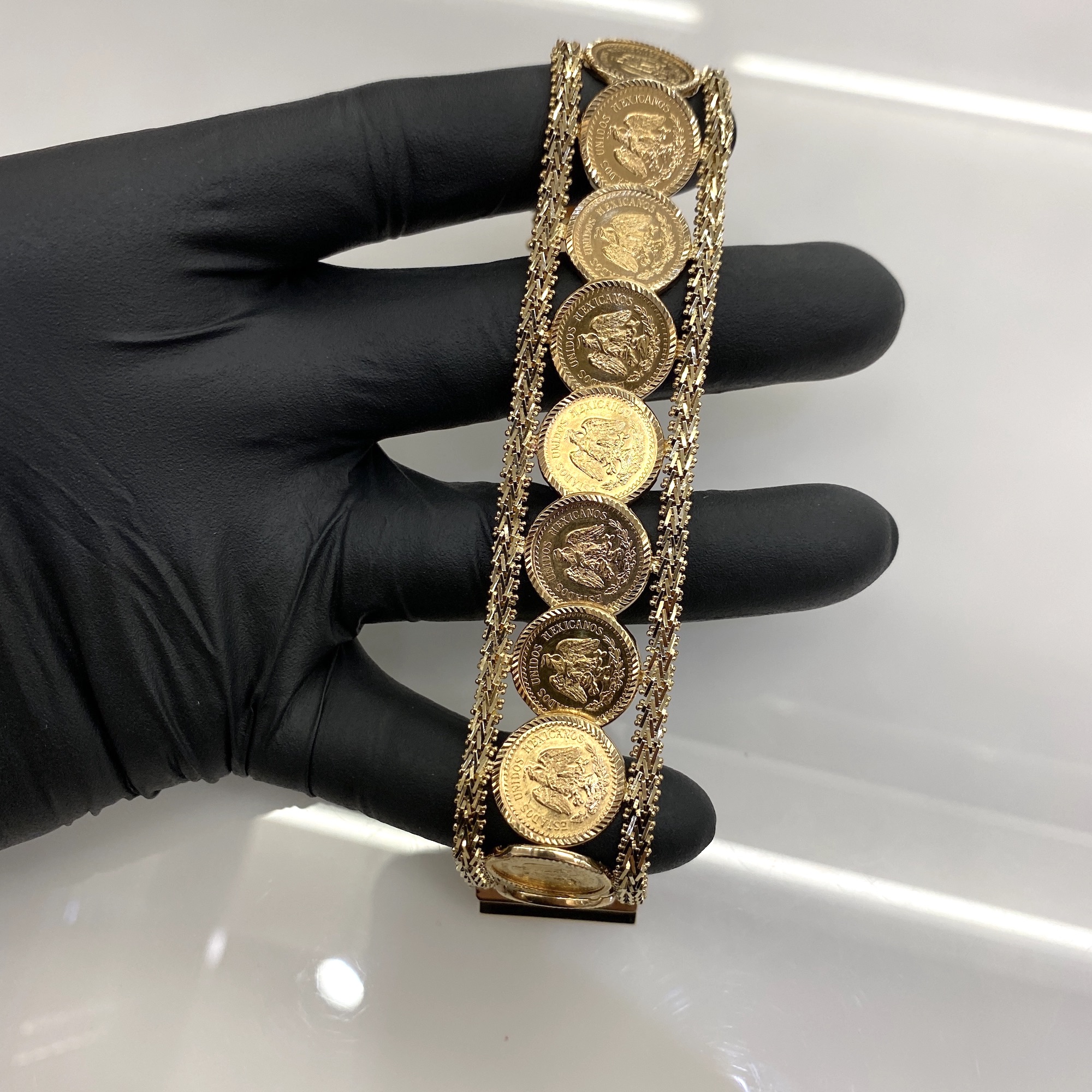 14K Gold Vintage Mexico Coin Bracelet Dos Y Medio Peso Estate Fancy