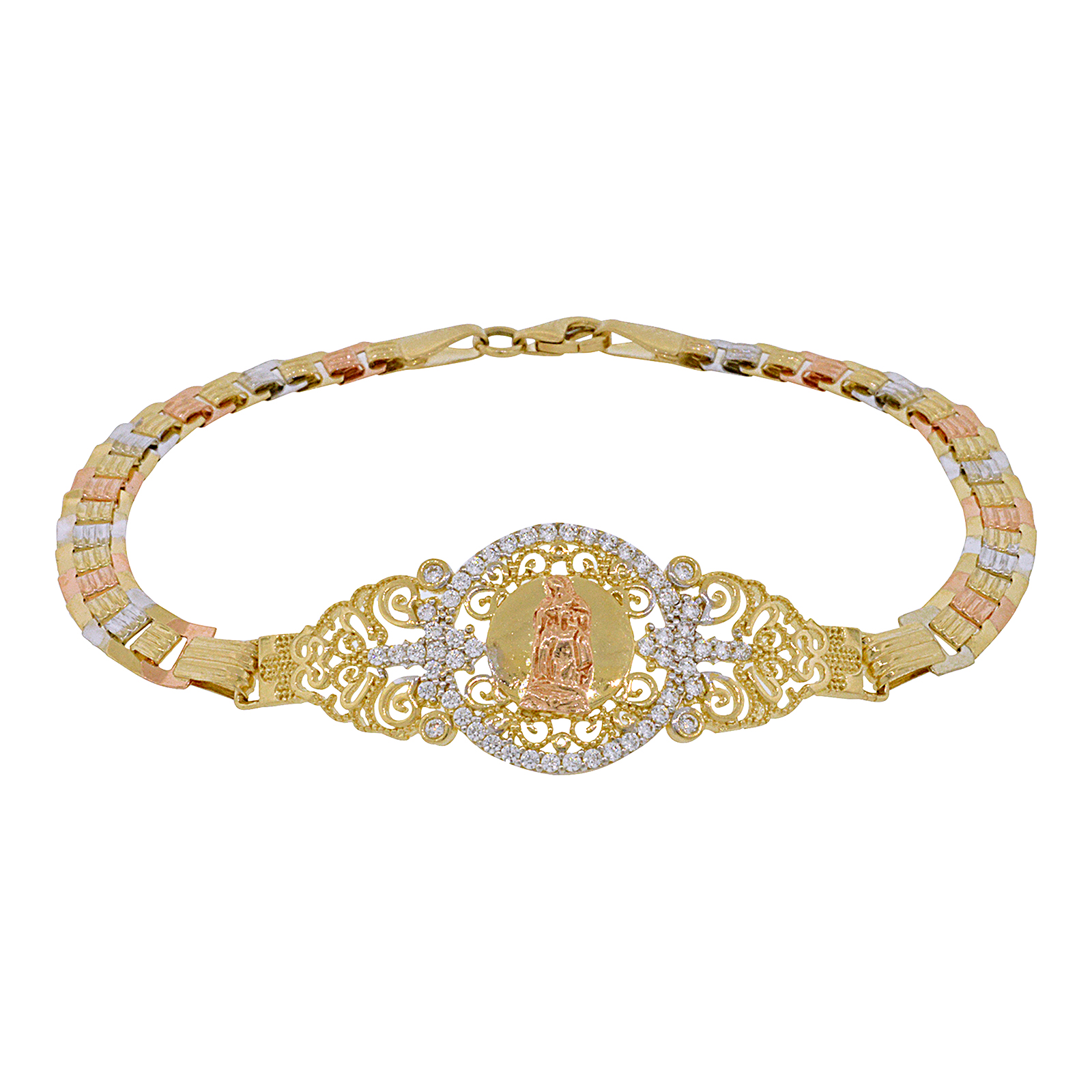 Las Real 14k Tri Color Gold Simulated Diamond Virgin Mary Las Real 14k Tri Color Gold Simulated Diamond Virgin Mary Bracelet Religious