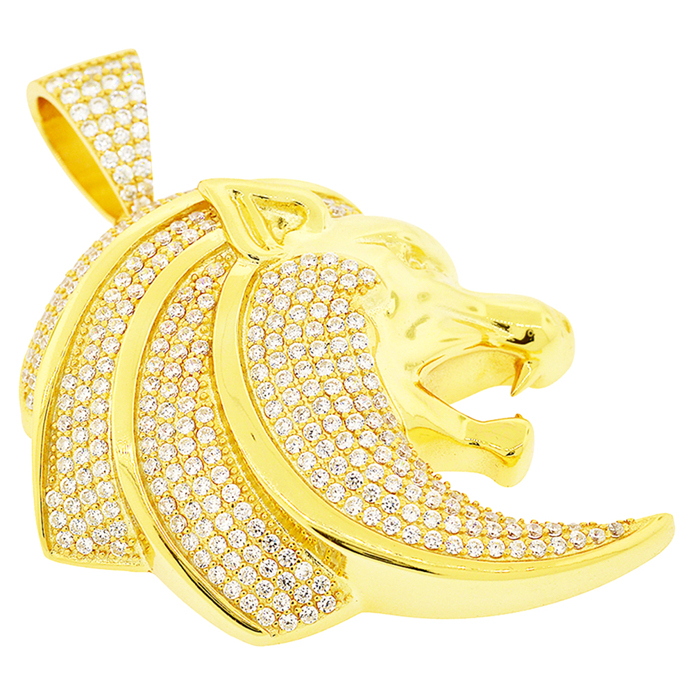 14k Gold Finish .925 Silver Simulated Diamond Lion Pendant Men Hip Hop