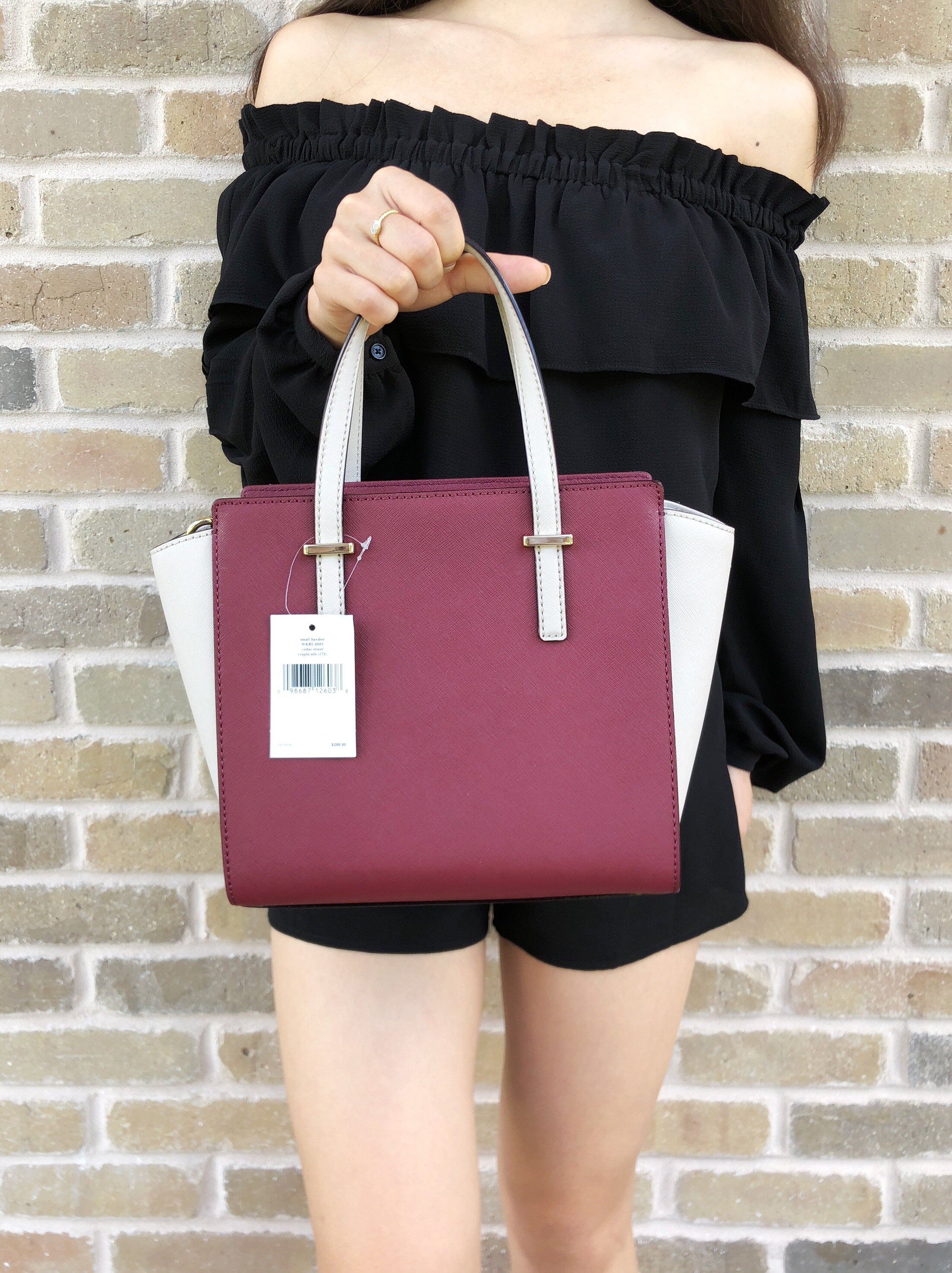 Kate Spade Cedar Street Small Hayden Satchel Saffiano Leather Crisp Linen Merlot