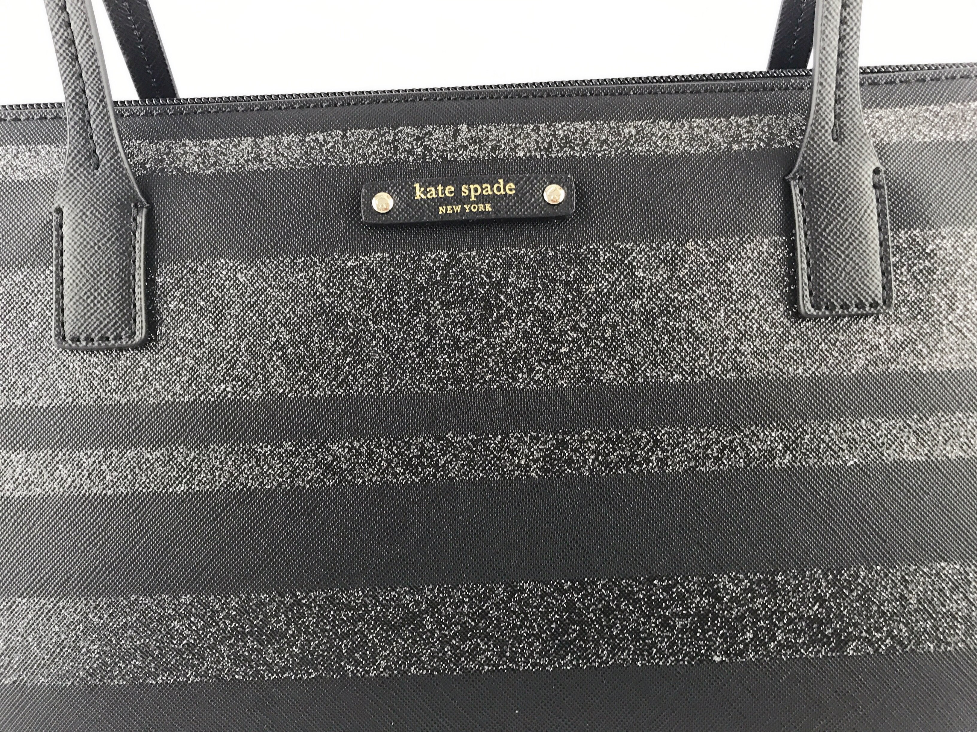 Kate Spade Haven Lane Large Hani Tote Glitter Stripe Black Silver 19 L X 11 5 H 6 W