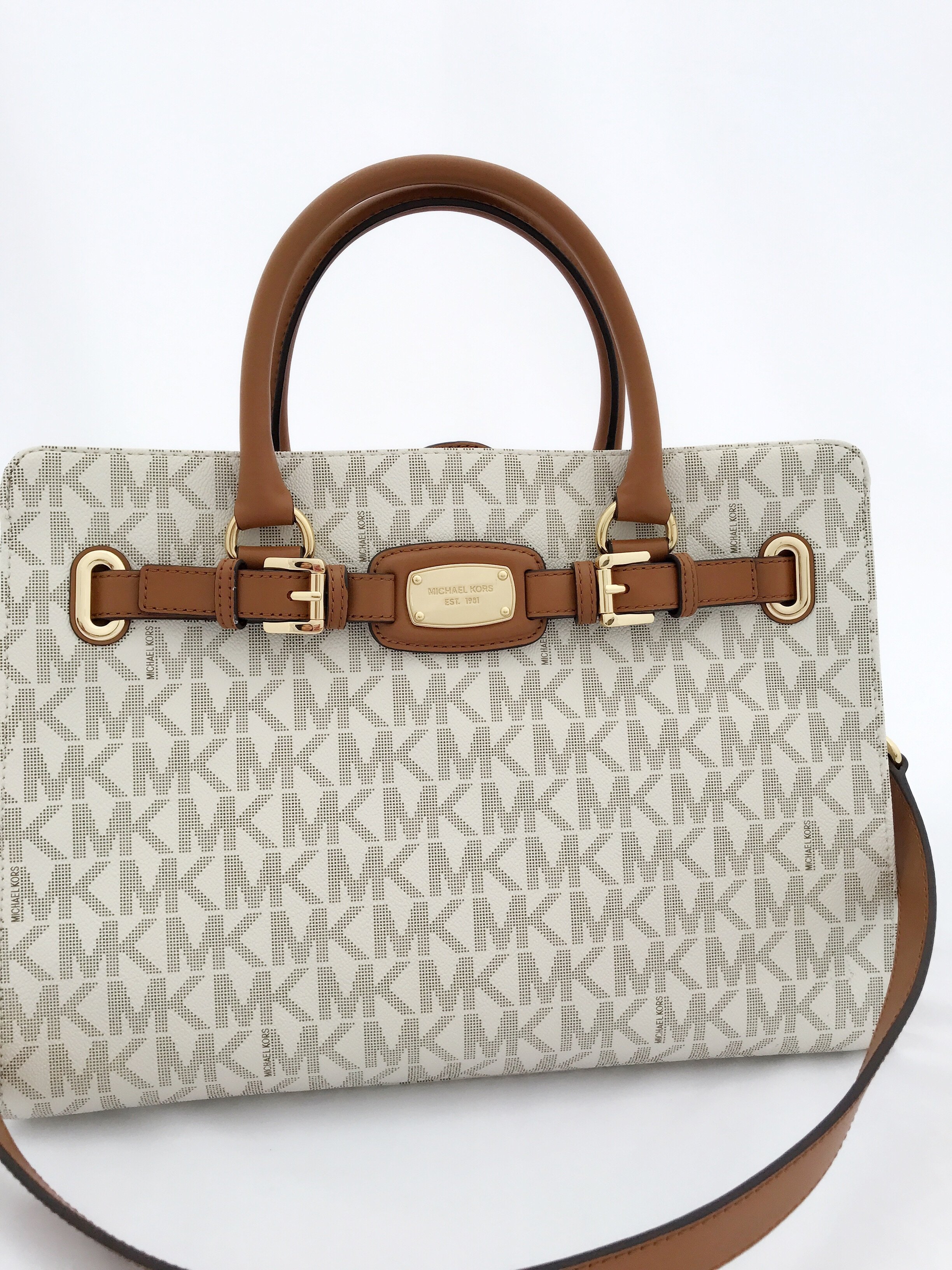 Nwt Michael Kors Hamilton Mk Signature East West Large Satchel Bag 14 5 Bottom L 10 H 6 W
