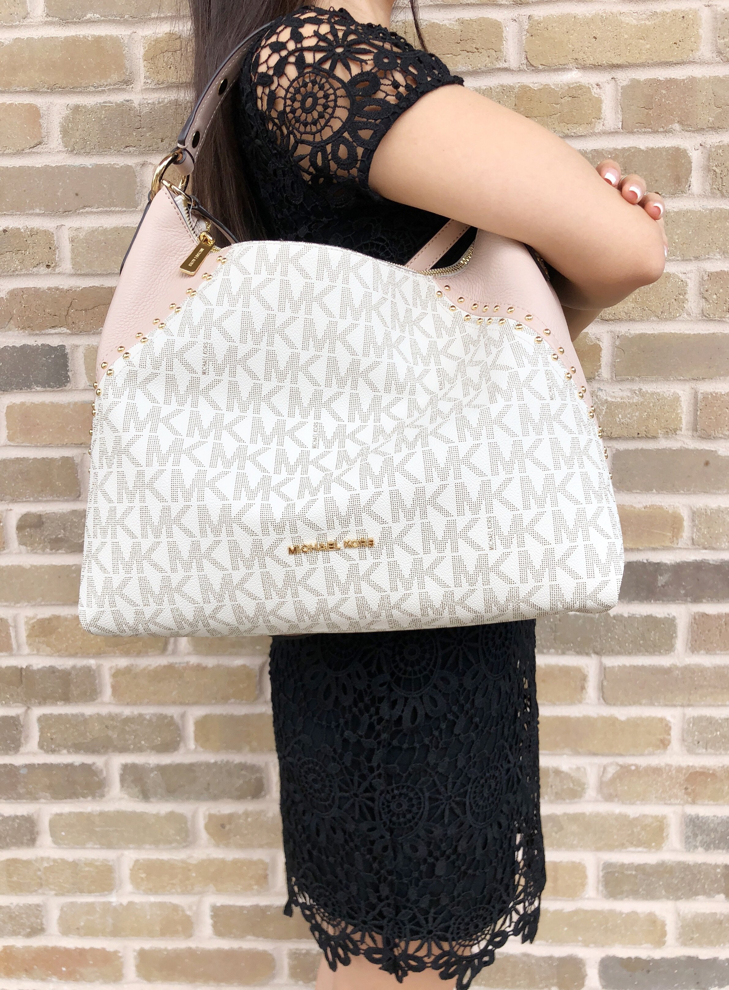 Michael Kors Aria Medium Top Zip Hobo Shoulder Bag Tote Vanilla MK