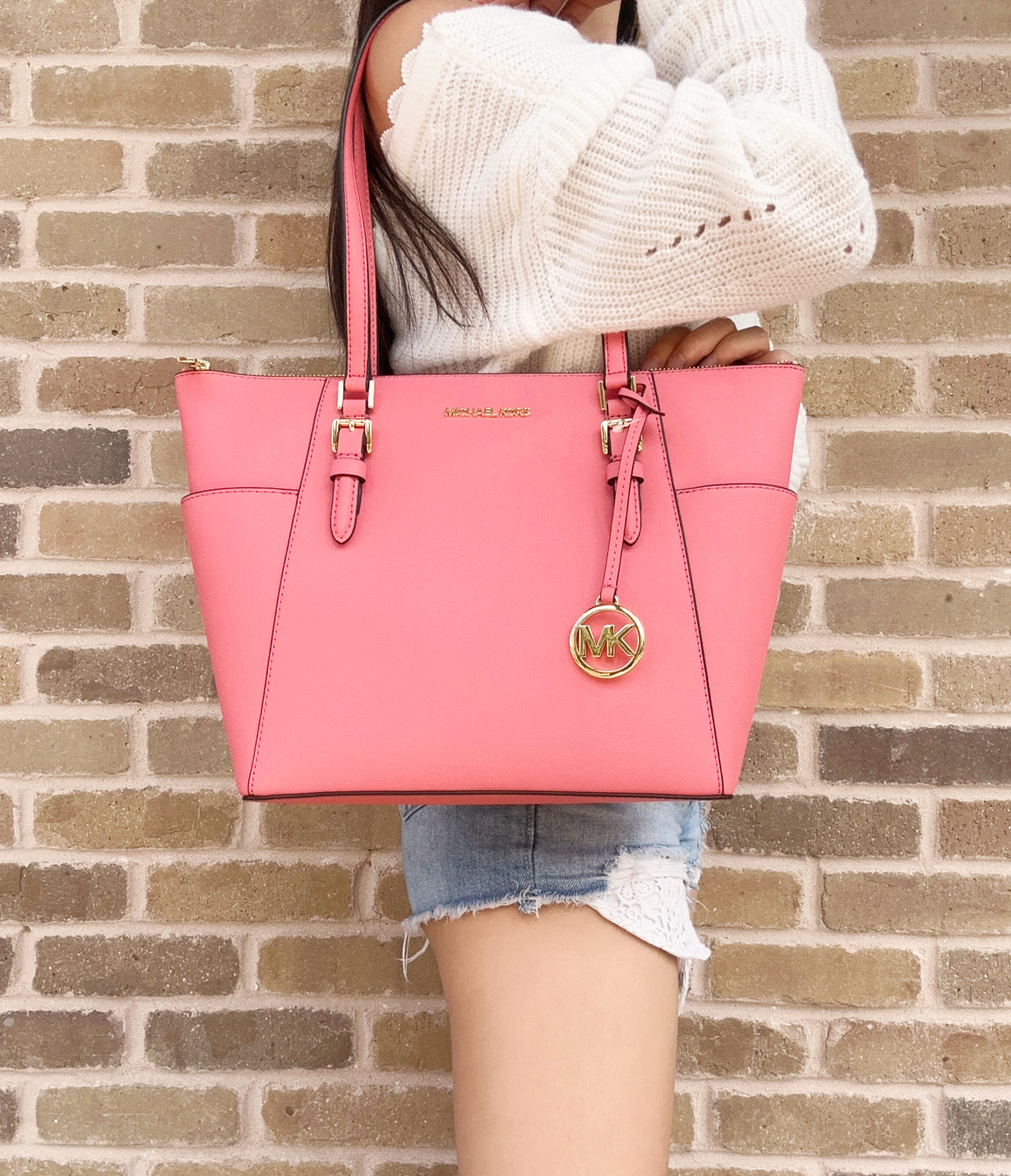 Michael Kors Charlotte Large Zip Shoulder Tote Saffiano Leather