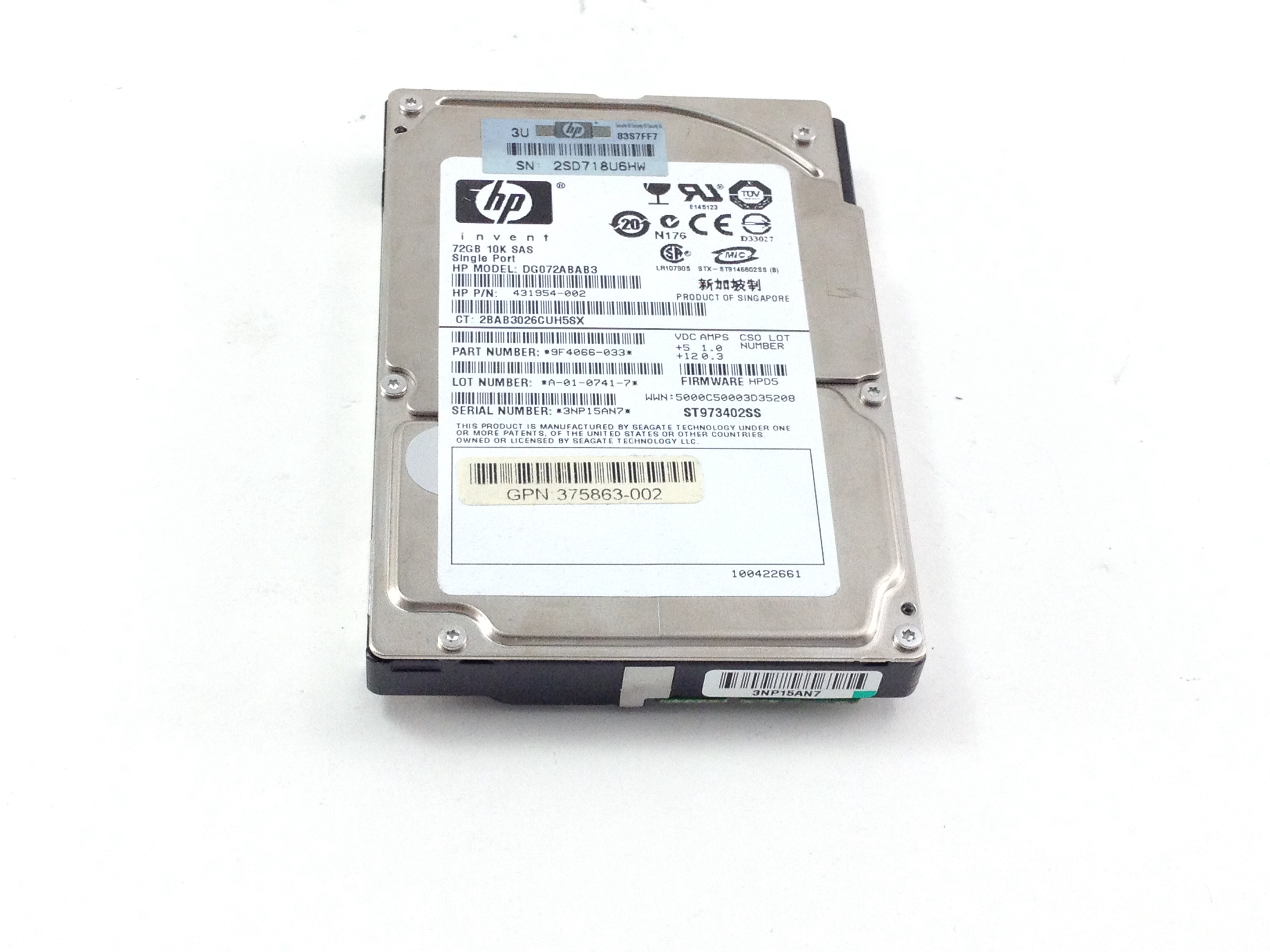 HP DG072ABAB3 431954-002 72gb 10K 2.5/" sas hard drive 9F4066-033