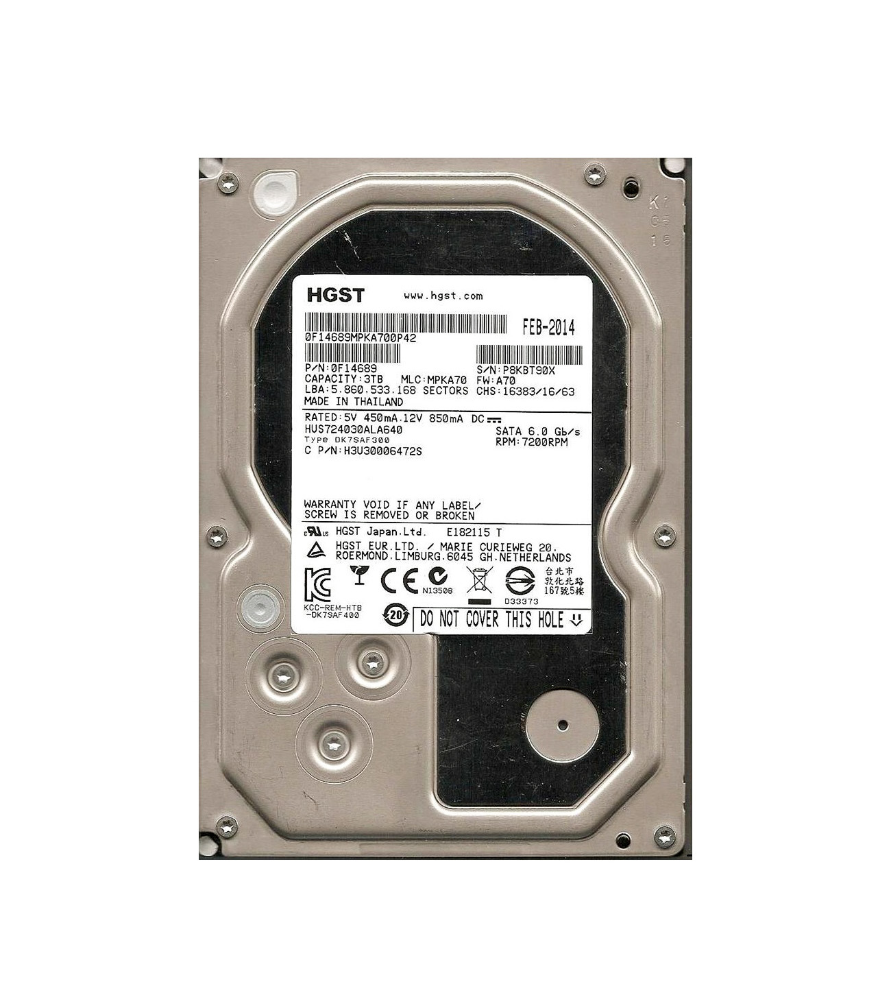 3TB 7.2K SATA Hard Drive HGST HUS724030ALE640 3.5/" Hitachi