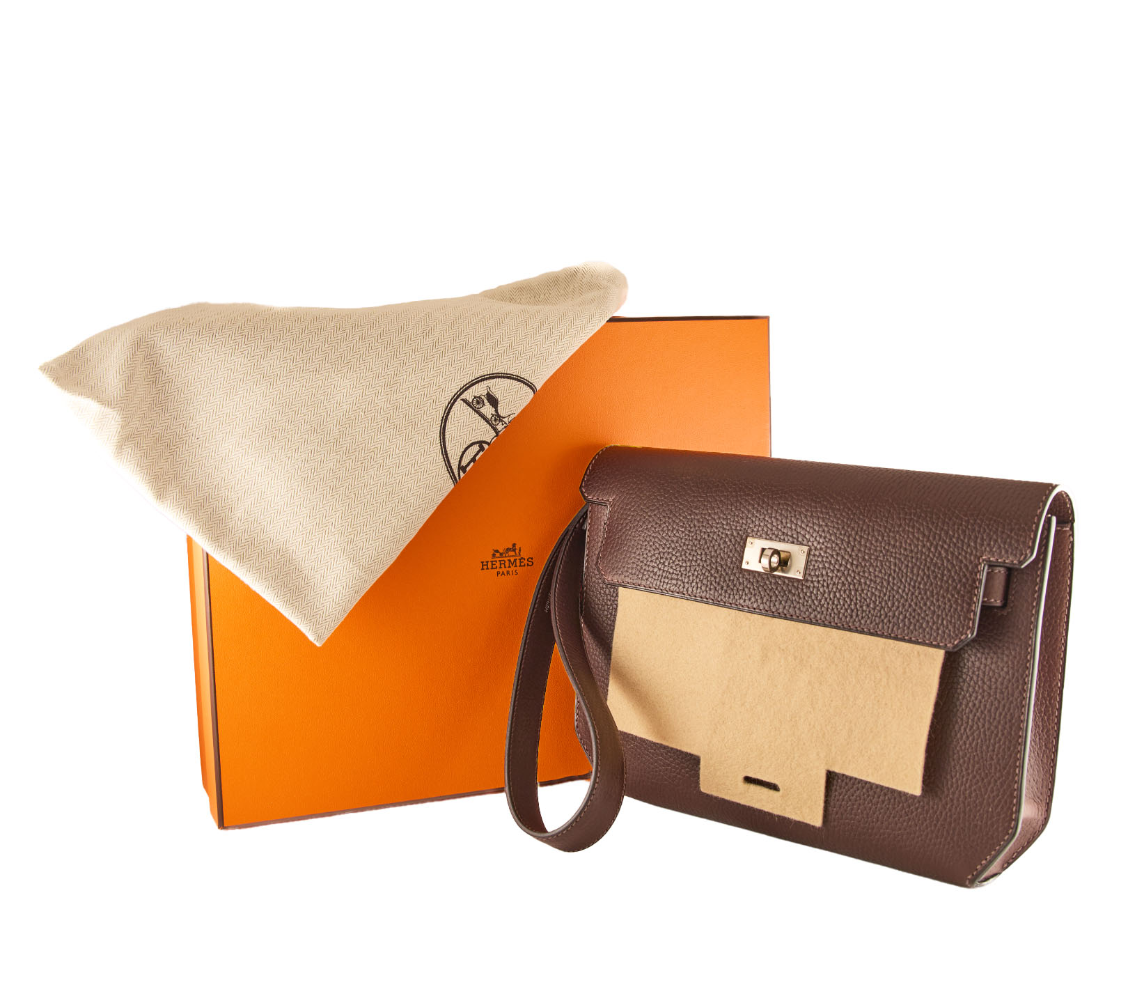 Hermès Kelly Dépêches 25 Brown Leather Pouch Ebene Bag with Box