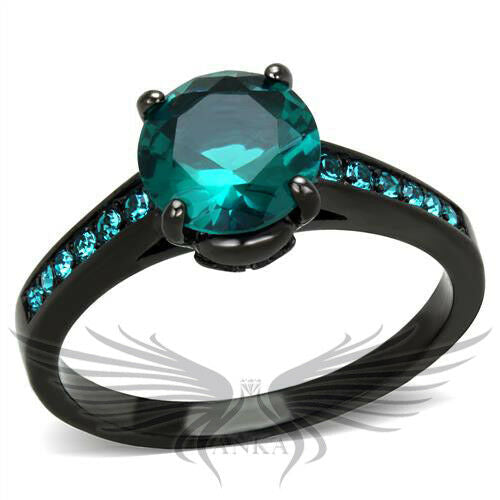 Brilliant 2Ct Round Green Blue Cubic Zircon CZ AAA Black Ion Plated Ring Tk2014
