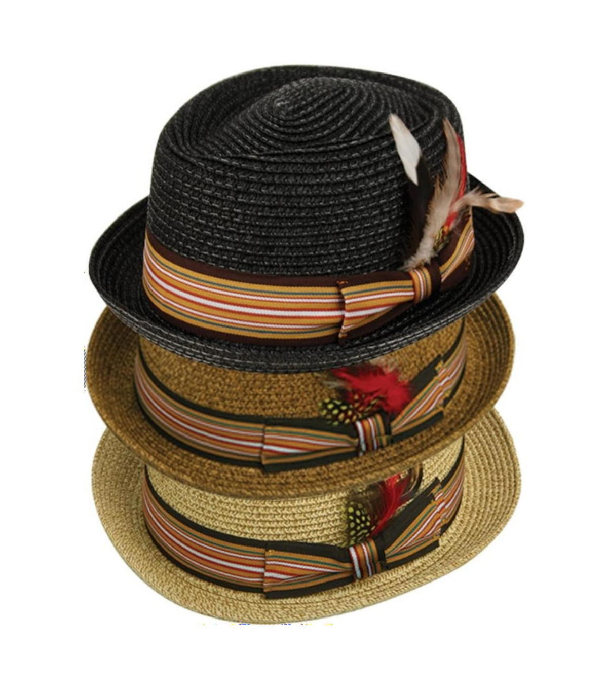 EPOCH Fedora Pork Pie Premium Straw Hat w/ Striped Band Removable Feather