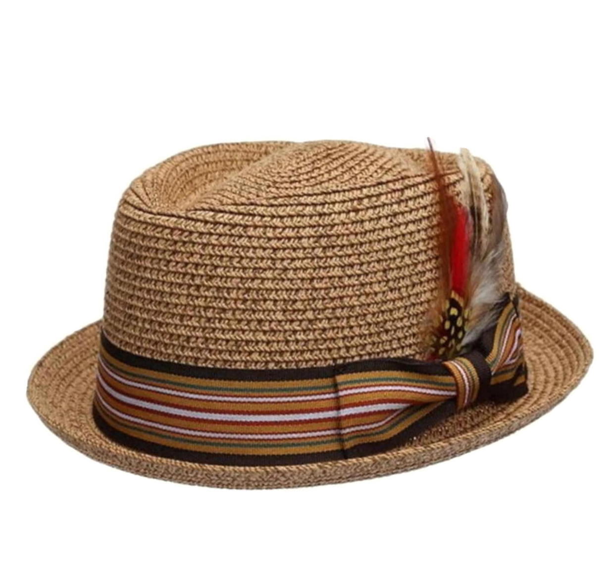 EPOCH Fedora Pork Pie Premium Straw Hat w/ Striped Band Removable Feather