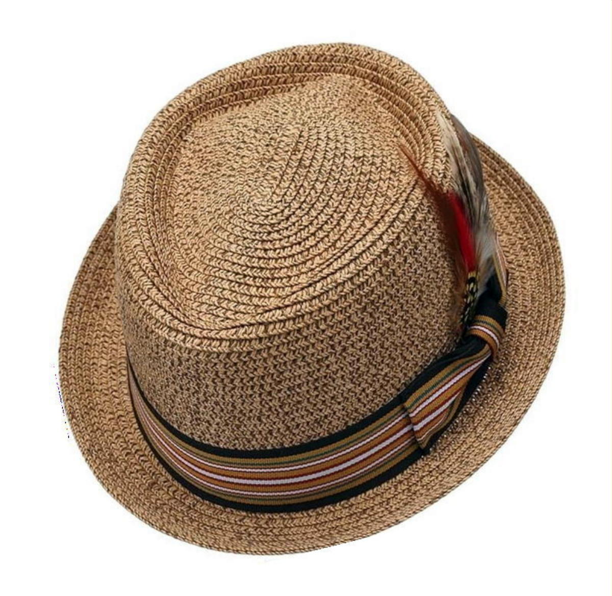 EPOCH Fedora Pork Pie Premium Straw Hat w/ Striped Band Removable Feather