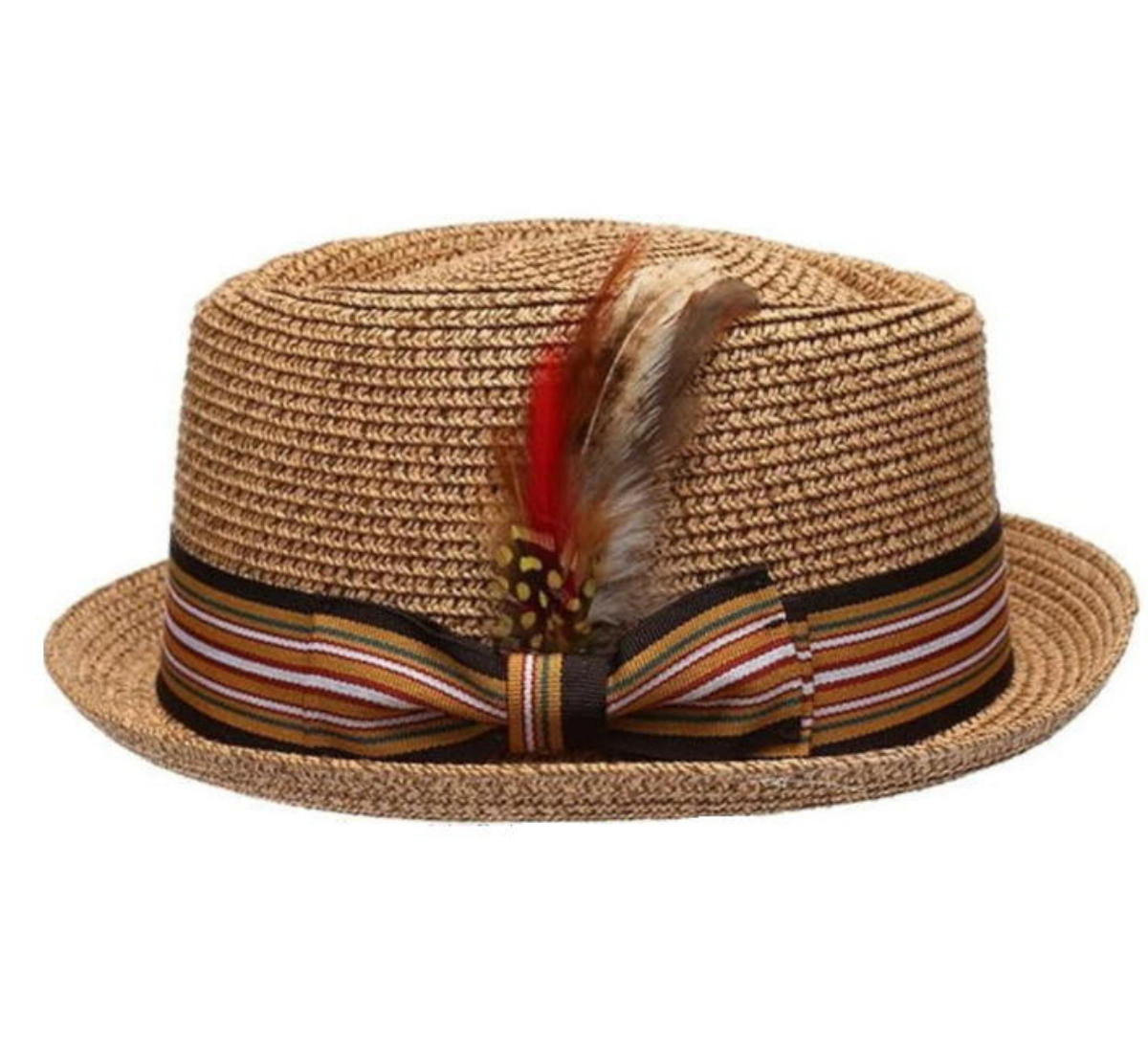 EPOCH Fedora Pork Pie Premium Straw Hat w/ Striped Band Removable Feather