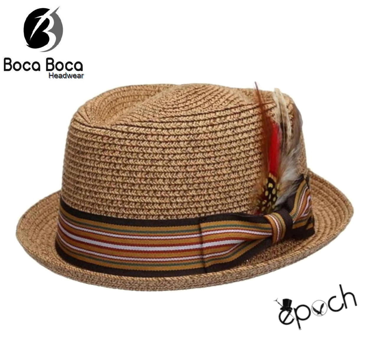 EPOCH Fedora Pork Pie Premium Straw Hat w/ Striped Band Removable Feather