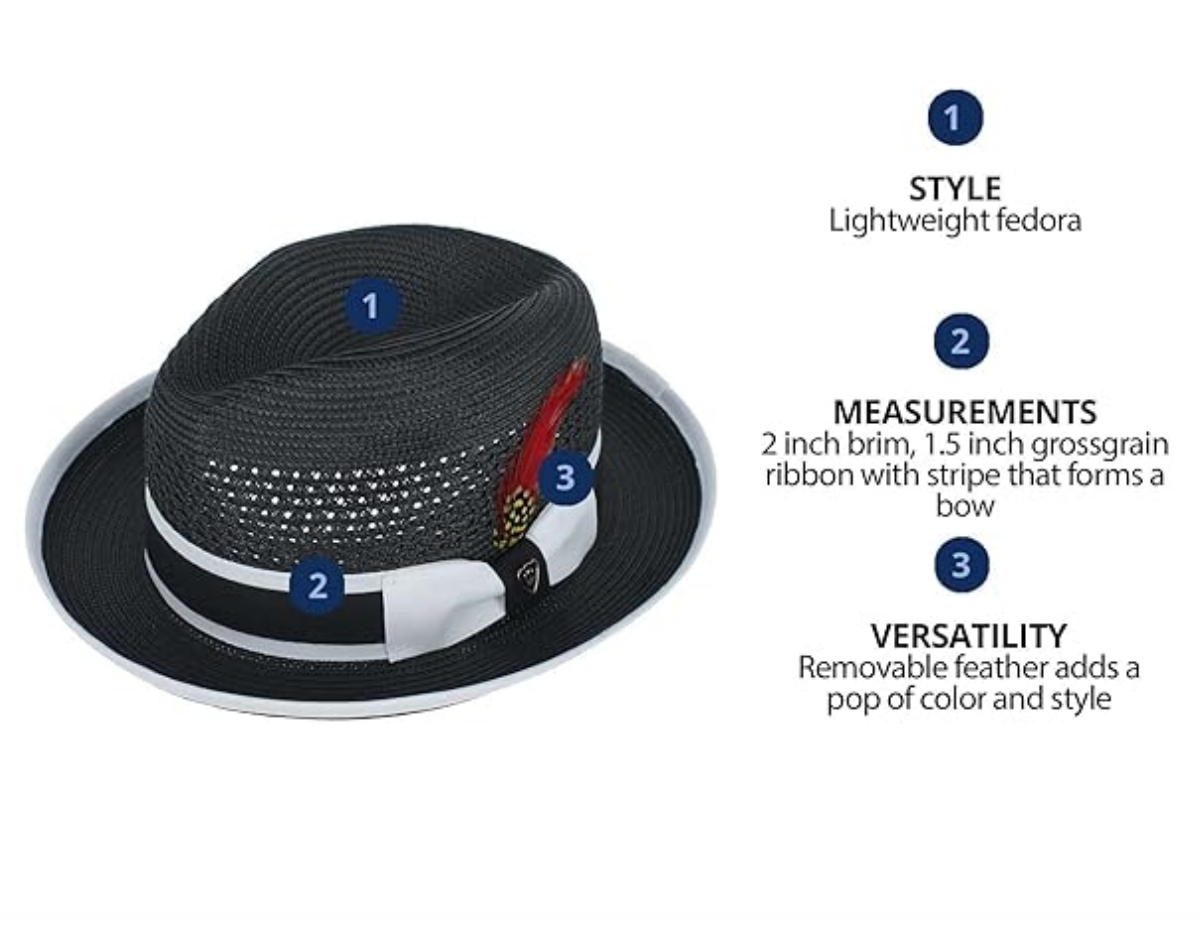 RICHMAN BROTHERS Polybraid Two Tone Fedora with Grosgrain Band & Feather Hat
