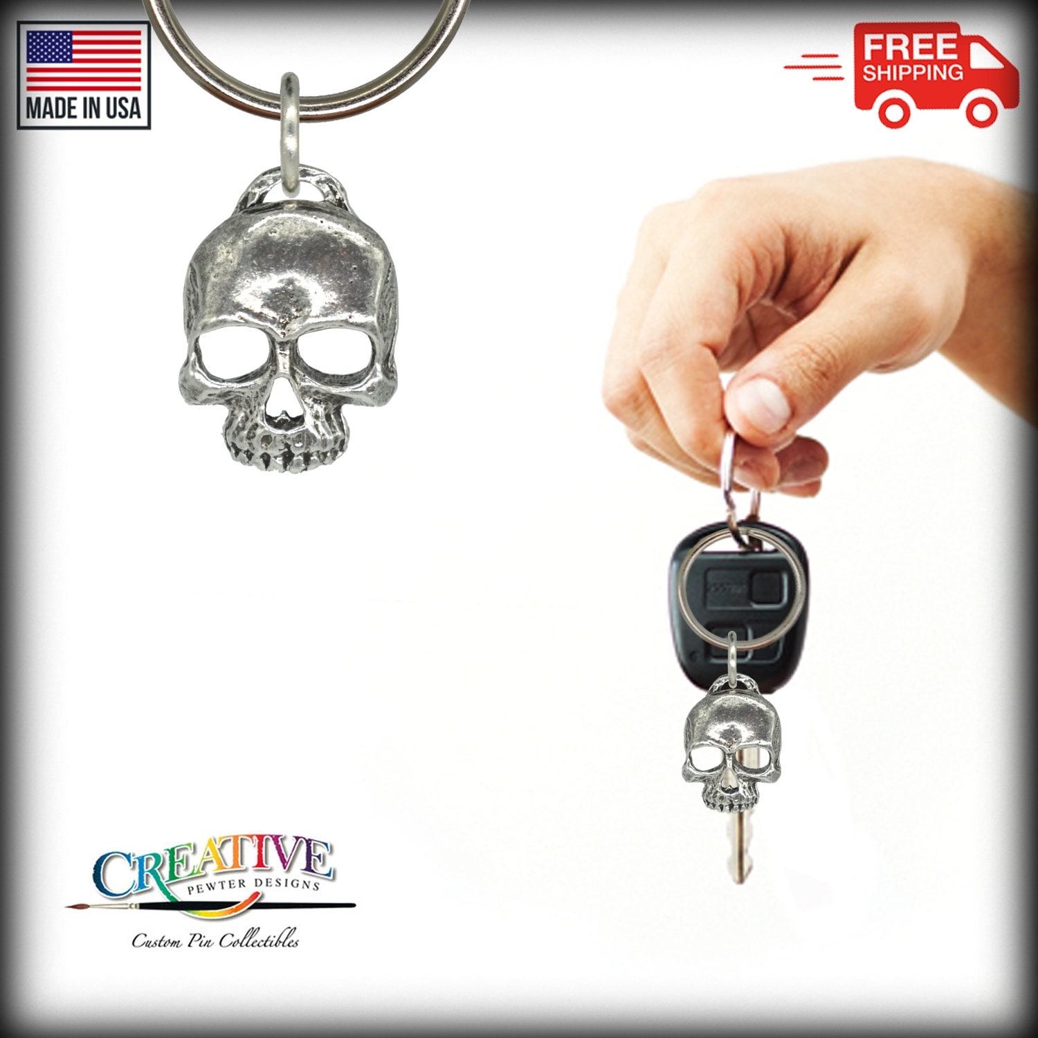 Llavero 3D Medio Cráneo, Sonrisa, G138KC, 1 pulgada, metal, muerte, peltre - Imagen 4 de 6