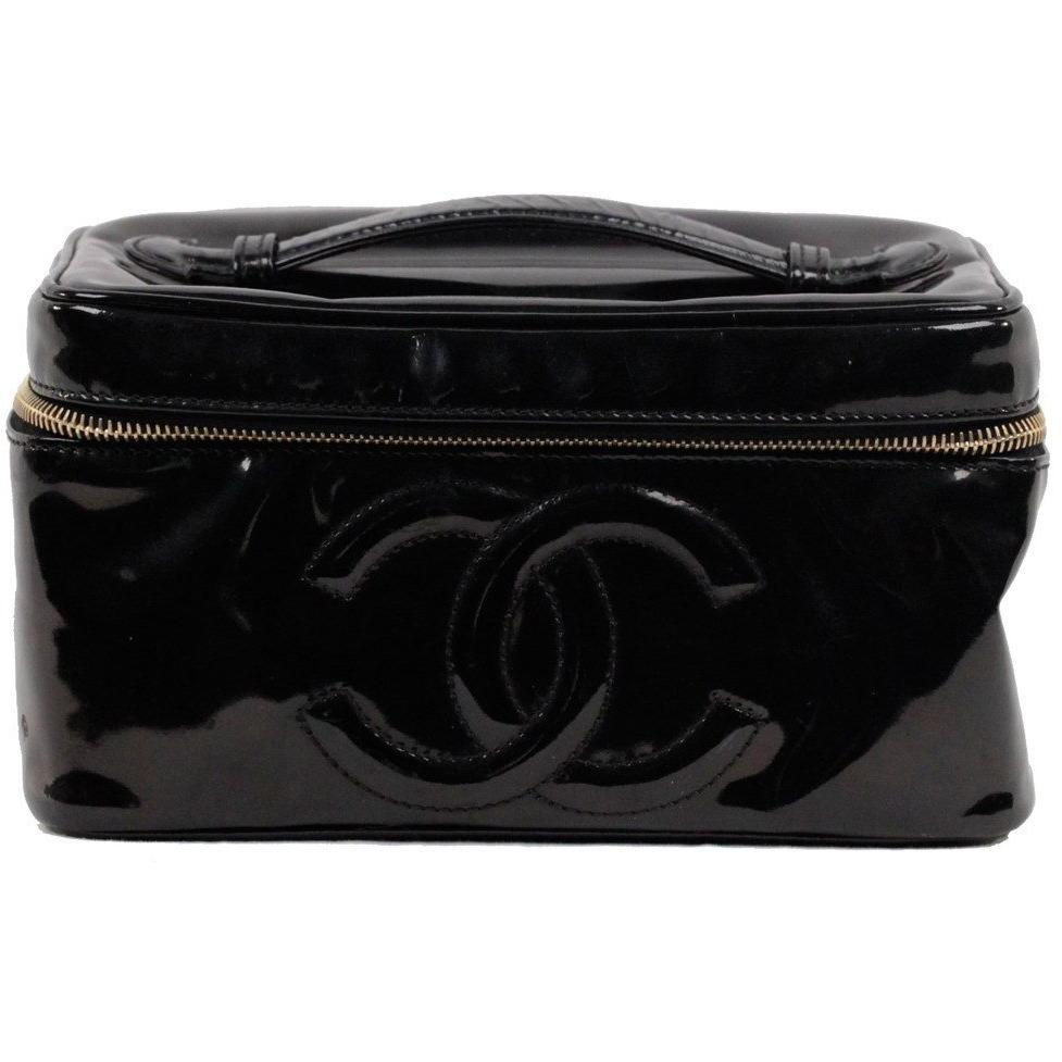 Authentic Chanel Black Patent Leather Cosmetic Bag Vanity Case Image Is Loading Authentic Chanel Black Patent Leather Cosmetic Bag Vanity