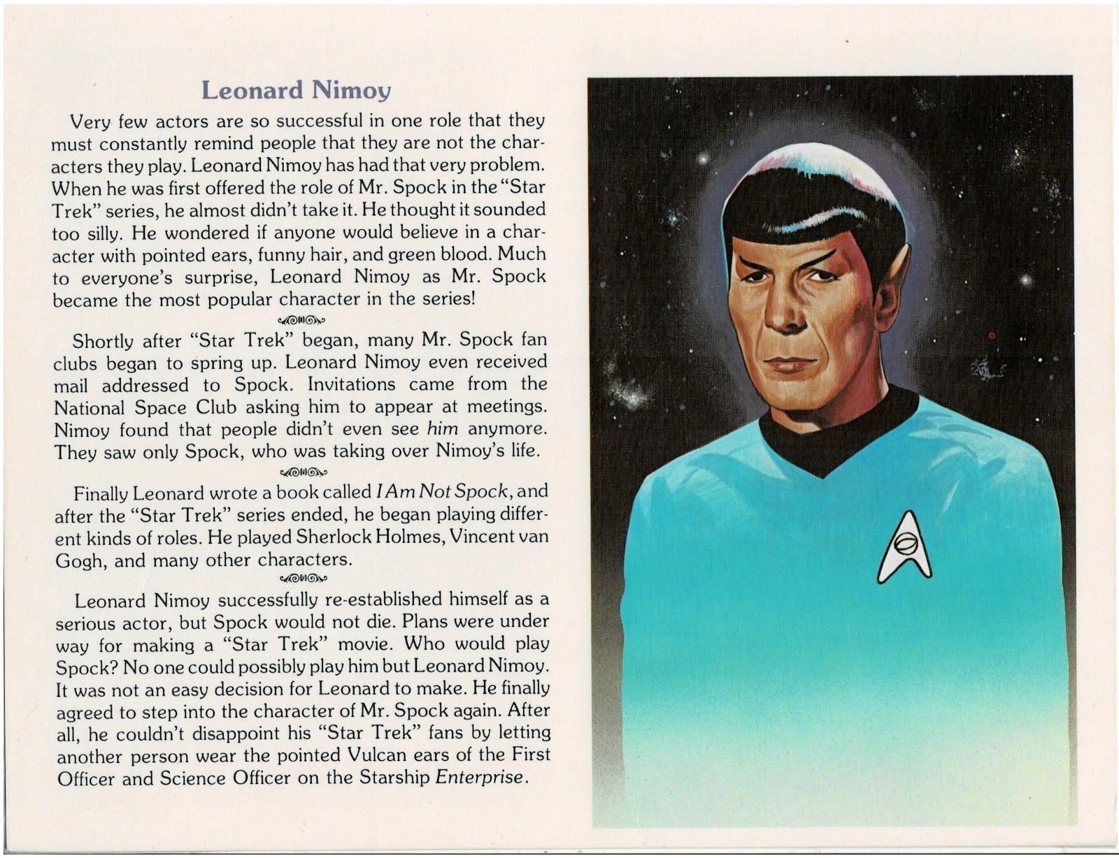 1980 Leonard Nimoy Star Trek RARE Educational Insights card (8 1/2"x11") SPOCK