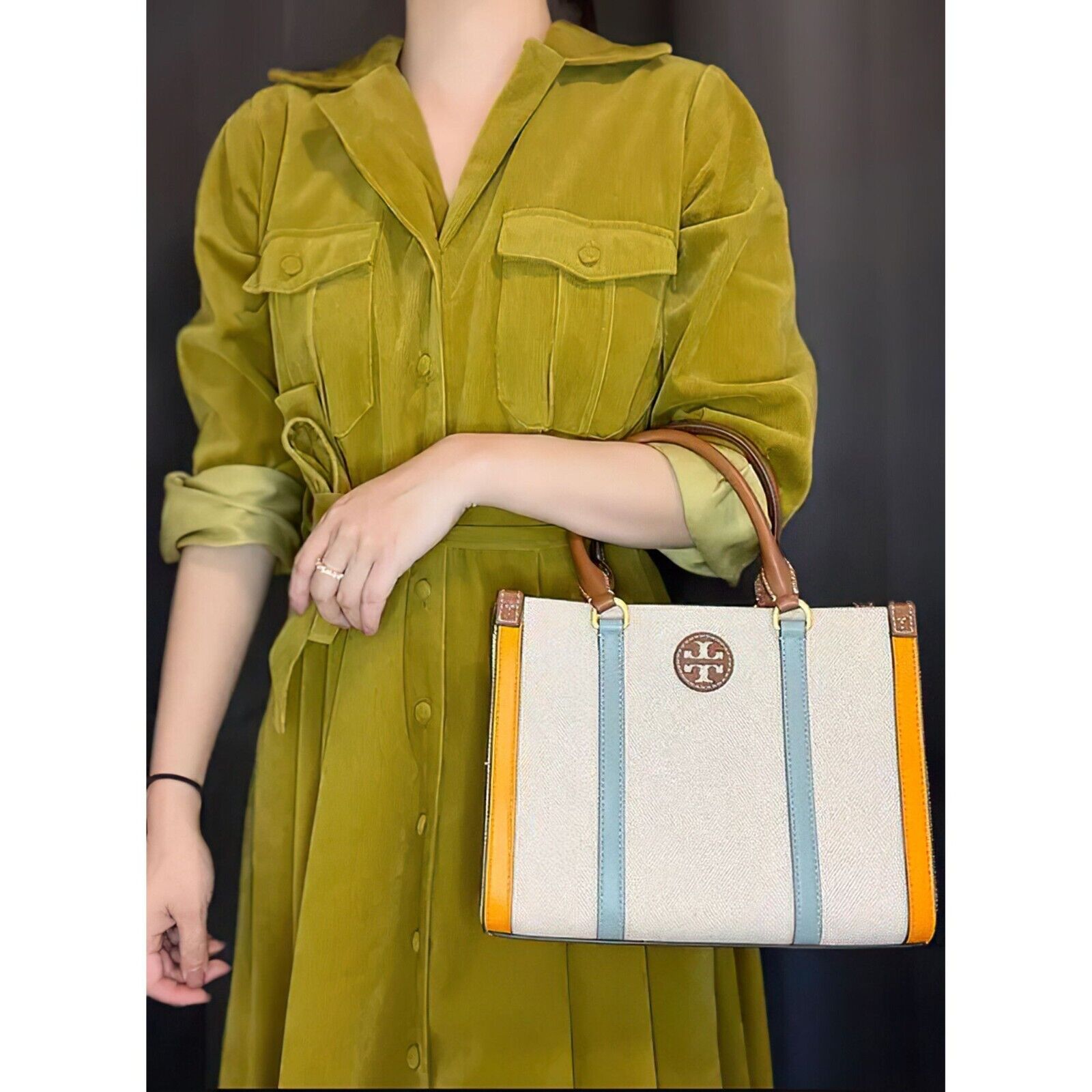 Tory Burch Blake Canvas Small Tote Blue Gold | eBay