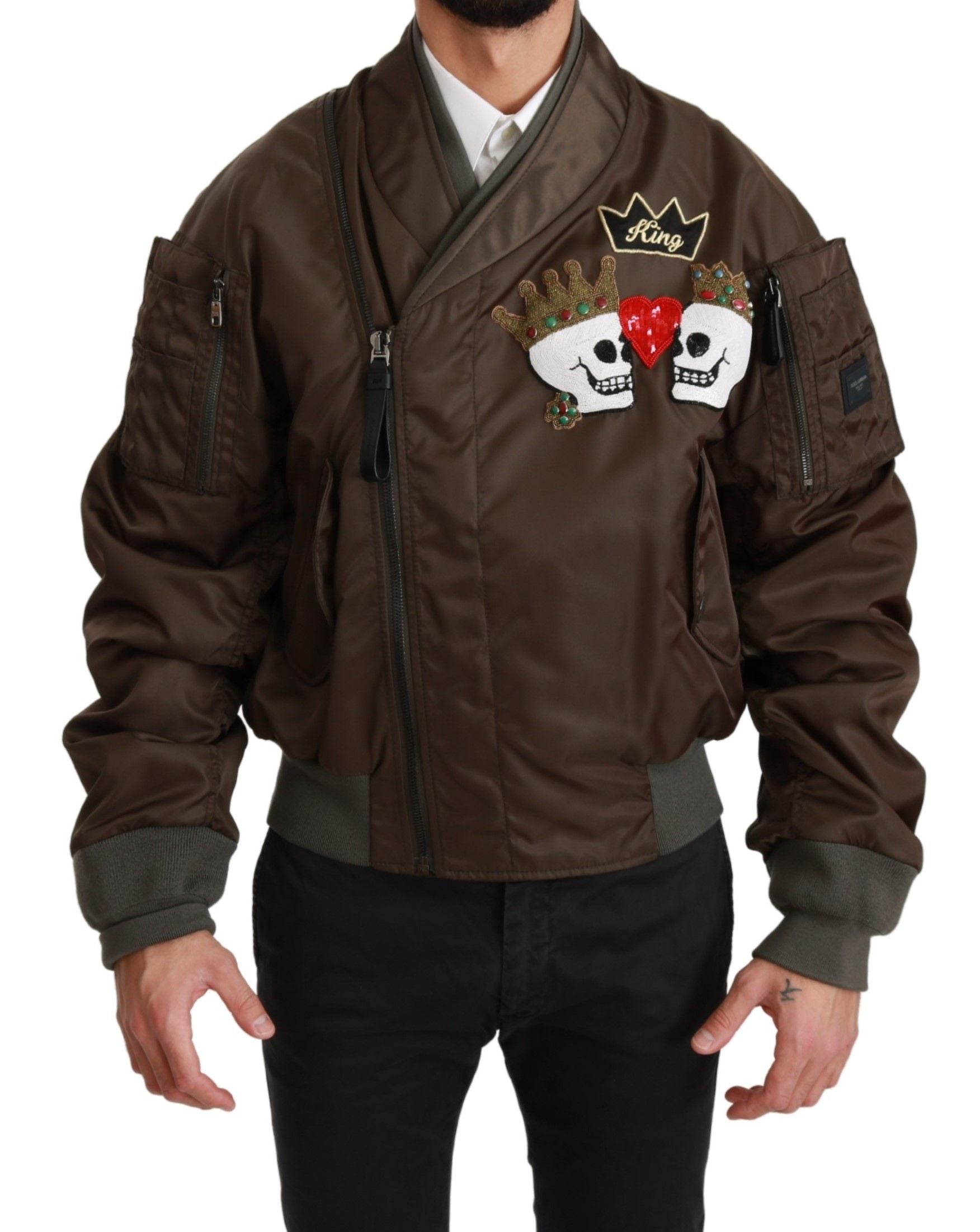 Dolce&Gabbana Men Brown Jacket 100% Nylon Solid Full Zip Sequined