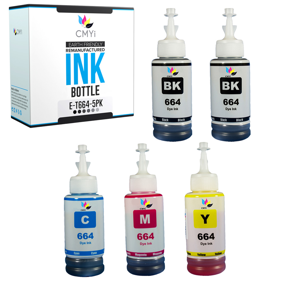 5PK Replacement Ink Bottles for Epson 664 2 Black 1CMY Combo Packs Expression ET