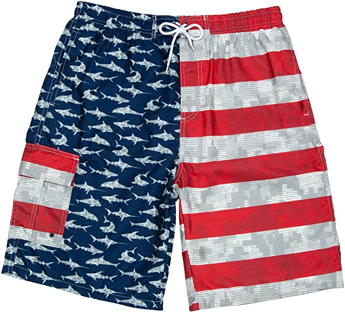 Men's USA American Flag Shark Design Microfiber Swimshort With Cargo Pocket - Picture 11 of 12