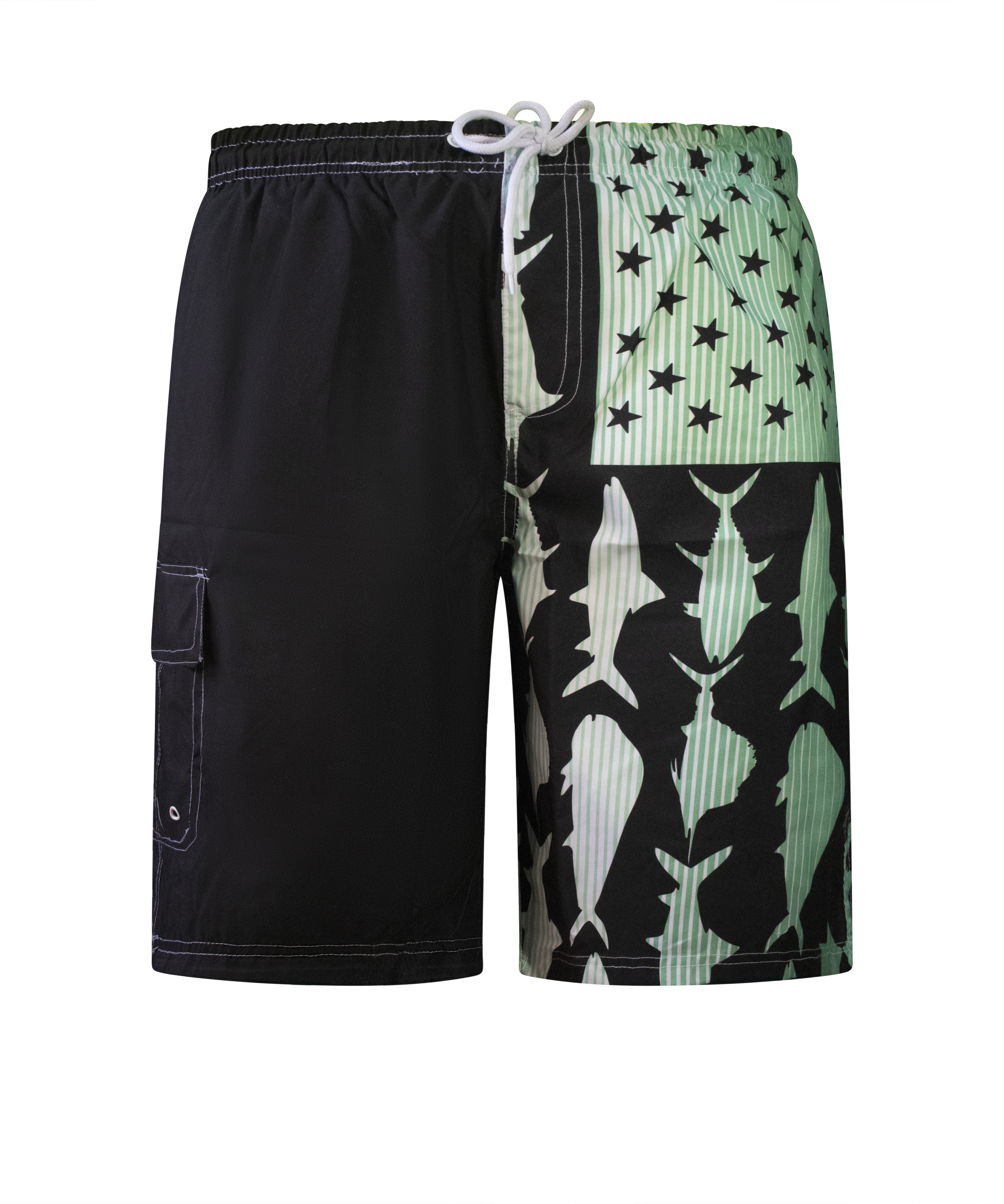 Pantalones cortos de natación de carga con estampado de microfibra de tiburón con bandera americana North 15 para hombre - Imagen 8 de 16